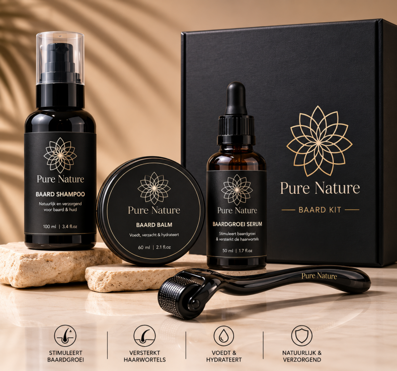 Baard Groei Kit verpakking met roller en serum